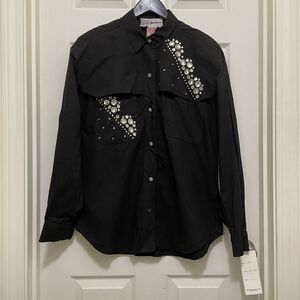 NWT Vintage Robin Berry Button Up Top Black Rhinestone Western Glam 90s Medium